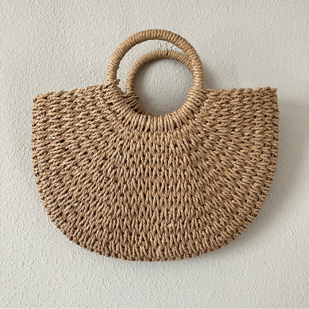Straw Tote Beach Bag Half Moon Handbag Drawstring Lined Resort Chic Boho Tan - Picture 6 of 6
